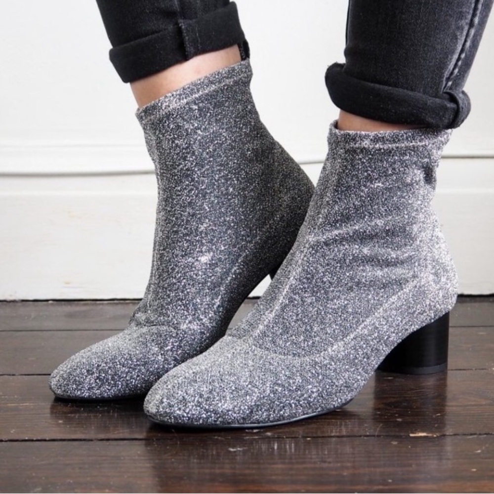 Zara Silver Soft Shimmer Sock Boot block heel - S:8 -  Great Condition worn once